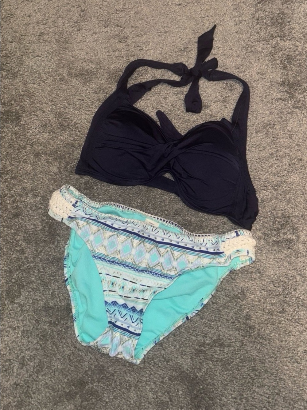 Navy Twist Halter Bikini Top with Aqua Patterned Bottoms